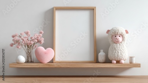 Nursery wall art mockup with vertical 5x7 wooden frame on clean white wall, minimalist shelves, soft pink heart plush, and large pink llama toy in whimsical modern style