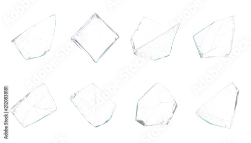 Broken glass shards collection, 8 transparent crystal fragments on white background, shattered window glass pieces for design overlays