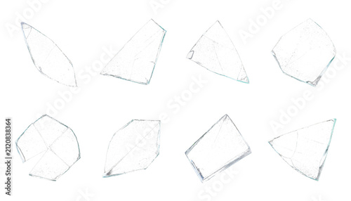 Broken glass shards collection, 8 transparent glass fragments on white background, sharp shattered crystal pieces for design overlays