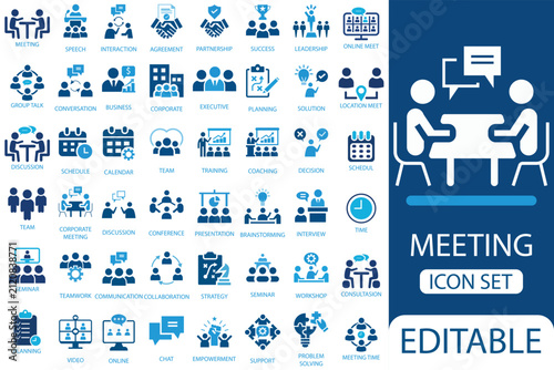 Online meeting icon set. Meeting icon set. Containing seminar, business meeting, presentation, interview, conference, assembly, agreement and discussion icons. Vector illustration.