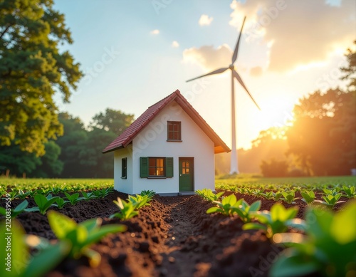 Conceptual image of a sustainable wooden home with a wind turbine model and young green saplings growing in soil under bright sunlight