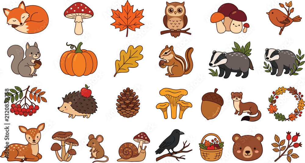Obraz premium Cute autumn forest cartoon vector collection featuring woodland animals, mushrooms, pumpkins, leaves, berries, acorns, and cozy fall nature illustrations