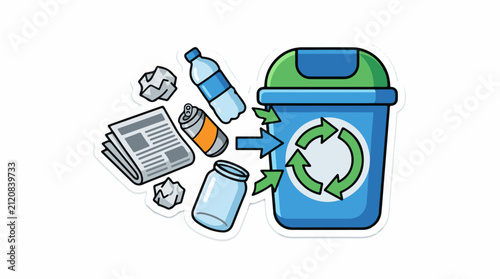 Recycling bin with assorted trash items being deposited into it