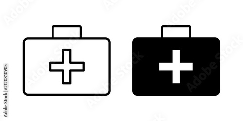First aid kit icon in outline and solid style, isolated on white background. Ideal for medical, healthcare, emergency, and safety related features in mobile and web design.