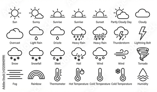 Foto Minimalist Weather Forecast Line Icon Set with Sun Cloud Rain Snow Storm and Te