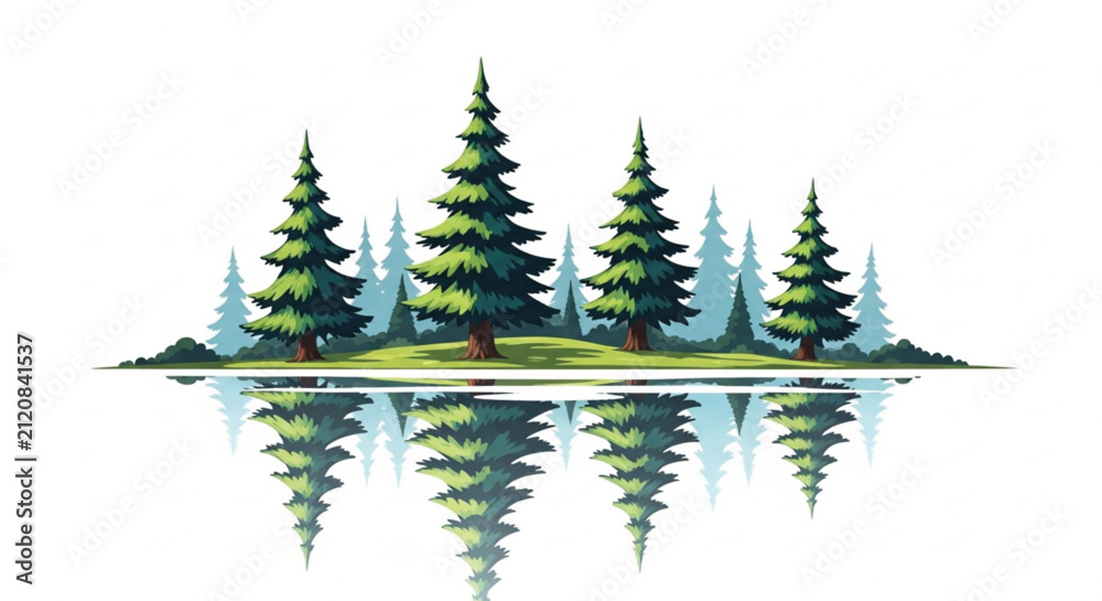 Obraz premium Serene Forest Scene with Pine Trees Reflected in Calm Water, Vector Illustration