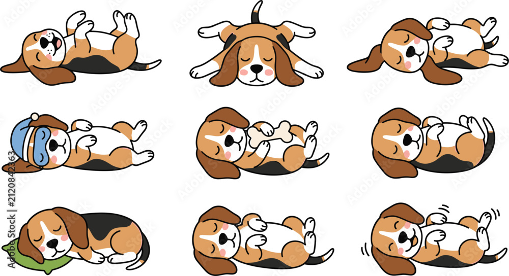 Obraz premium Cute beagle dog sleeping cartoon vector illustration collection featuring rolling, dreaming, relaxing, cuddling, pillow and playful puppy resting poses isolated on white background