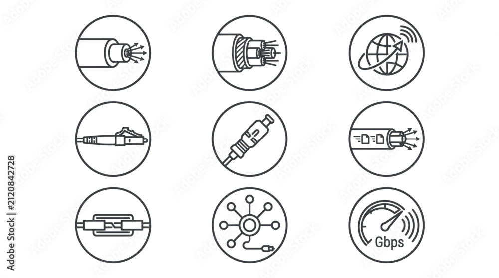 Fototapeta premium High speed fiber optic internet and networking hardware symbols in circular frames.