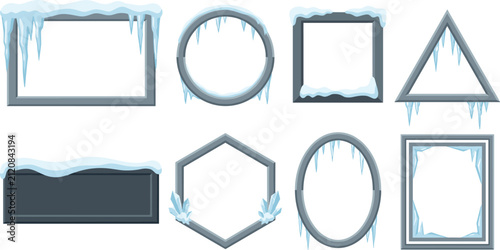 Fotografía Winter Frozen Geometric Frame Border Set with Snow Caps Hanging Icicles and Ice