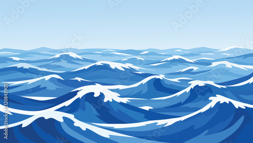 Deep Blue Ocean Storm Waves Flat Vector Landscape Background With White Foam