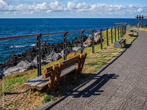 Coastal Walkway and Basalt Shore near Mungae Hangari in Jocheon, Jeju Island, South Korea