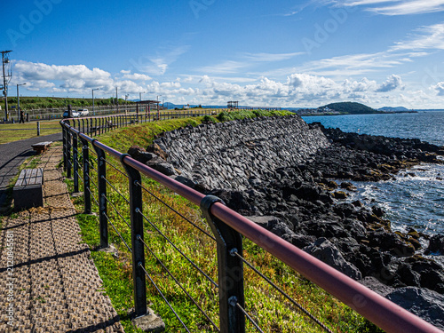 Coastal Walkway and Basalt Shore near Mungae Hangari in Jocheon, Jeju Island, South Korea