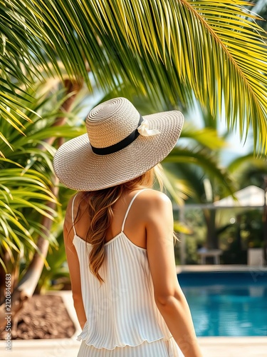 Straw hat resting on shoulder as she strolls towards pool amidst palm fronds, fronds, palm