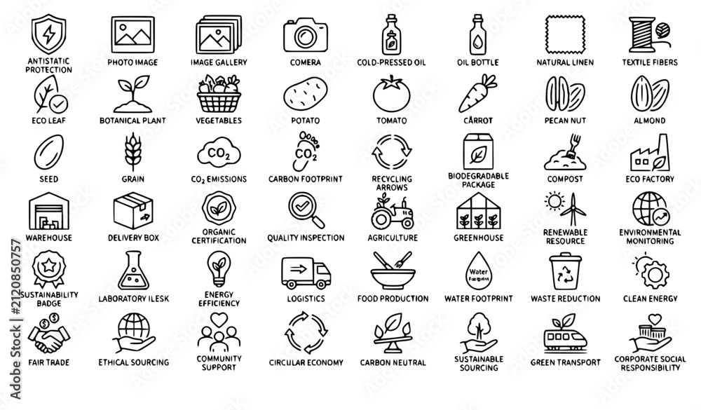 Obraz premium Premium Sustainability Icon Pack with Antistatic Natural Linen Leaf CO2 and Agriculture Outline Symbols