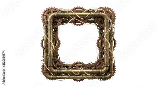 Intricate steampunk square frame crafted from weathered pipes, gears, and wires, set against a clean white background with a warm, industrial mood.