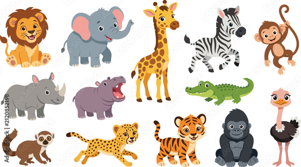 Fototapeta premium Cute Safari Animals Cartoon Character Vector Set Featuring Lion Elephant Giraffe Zebra Monkey Tiger Hippo and Gorilla for Kids Designs