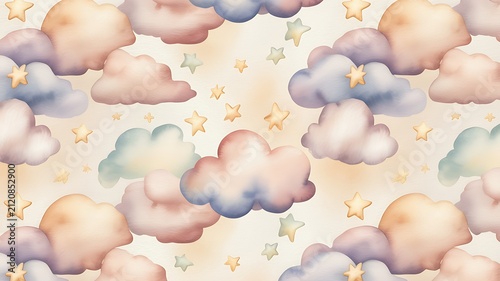 Cute watercolor sky pattern. Soft pastel clouds stars. Sweet baby nursery background. 