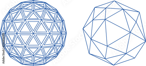 Abstract Blue Geometric Sphere Wireframe Collection with Geodesic and Low Poly Structural Designs for Technology Graphic Projects