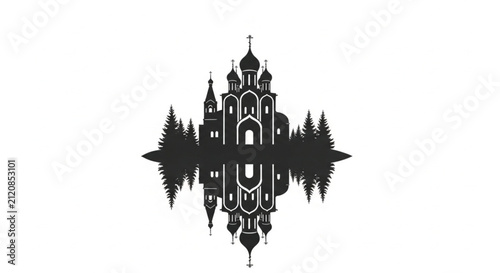 Black Silhouette of Orthodox Church and Pine Trees Reflected in Water