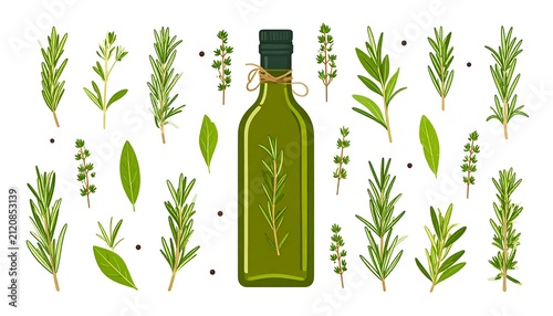 Fresh green bottle of olive oil surrounded by olive leaves.