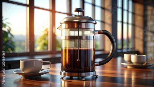 French press coffee maker with dark brew ready to serve
