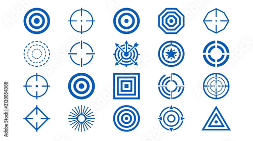 Targets and crosshairs in blue outline style are arranged in a grid to represent precision and accuracy.