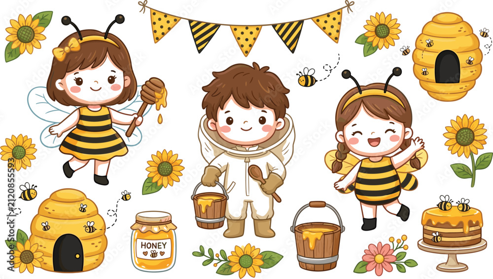 Naklejka premium Cute Kawaii Honey Bee Vector Set with Beekeeper Boy, Girls in Bee Costumes, Beehives, Sunflowers, and Honey Jar Elements for Kids Crafts