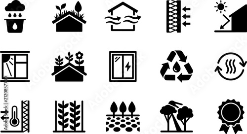 Set of black and white vector icons representing sustainable construction energy efficiency and eco friendly building design concepts