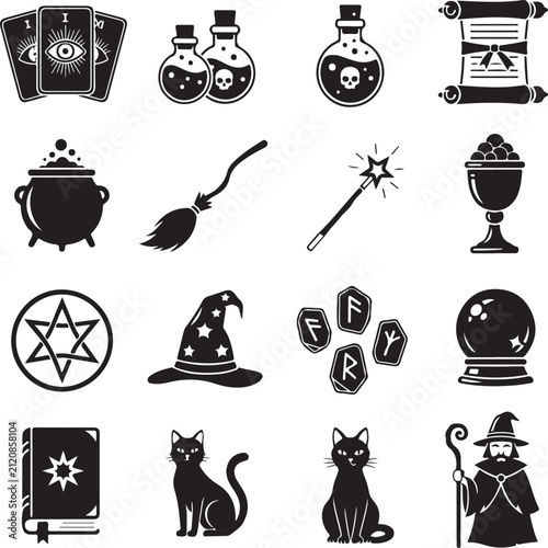 Magic glyph icons set. Witchcraft, sorcery Halloween item. Occult, gypsy mystic rituals tools. Fortune telling, divination. Superstitions & predictions. Silhouette symbol. Vector isolated illustration