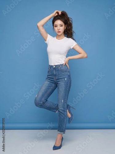 Beautiful Asian Woman Posing in White T-shirt and Blue Jeans Model Fashion Shoot on Blue Studio Background
