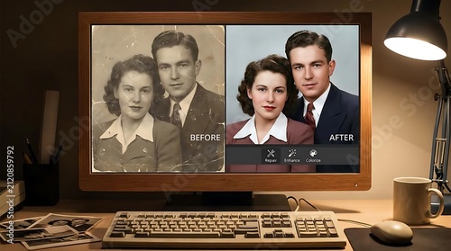 Computer monitor displaying before and after photo restoration.