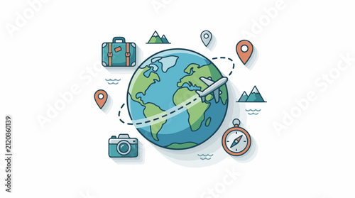 Travel around the world with plane camera and suitcase