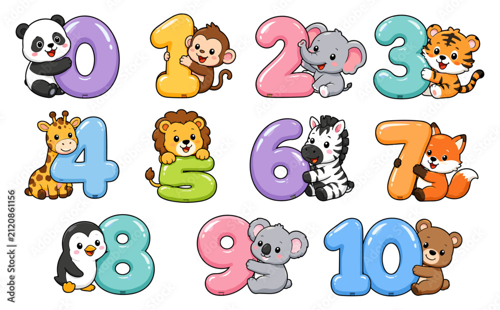 Obraz premium Cute Cartoon Animals with Numbers 0 to 10 Education Set