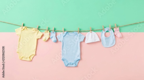 Baby clothes and accessories including onesies socks and bibs hanging on a line baby care