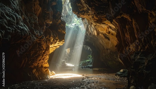 Plakat Sunlight streams through a cave opening illuminating the cavern interior.