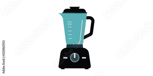 Modern electric kitchen blender appliance with blue glass jug and black base isolated on white background for culinary preparation tool vector illustration design.