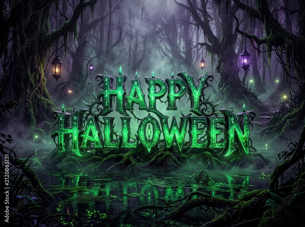 Obraz premium Glowing green 3D Happy Halloween text glows in a misty swamp in a spooky forest. Halloween Wallpaper Background image