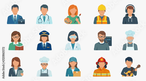 Dynamic Set of 15 Colorful Flat Icons Representing Diverse Occupational Professions with Unique Attire and Accessories