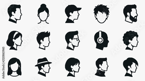 Modern Black and White Silhouette Icons of Diverse Hairstyles and Headwear Profiles for Design Use