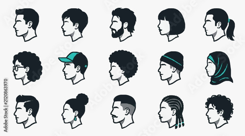 Creative Set of 15 Diverse Black and White Line Art Silhouette Head Profiles with Unique Hairstyles and Accessories