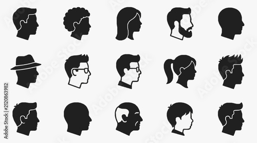 Modern Black and White Silhouette Icons Set of Diverse Human Profile Heads for Design Projects with high quality professional line art symbols for modern creative design and digital branding projects