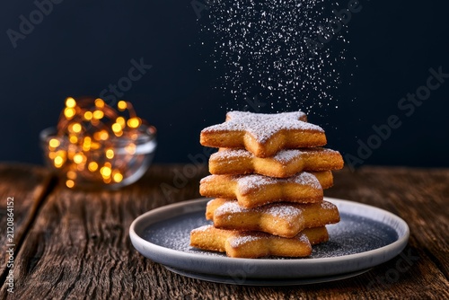 Star cookies stacked with falling powdered sugar on rustic wood with holiday bokeh for festive food marketing