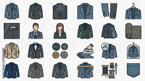 Professional Illustrated Collection of Men s and Women s Suits Blazers and Tailoring Accessories in Various Styles and Colors