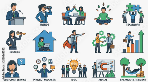 Elegant Illustrated Guide to Key Business Concepts and Professional Roles with Vibrant Characters and Symbols