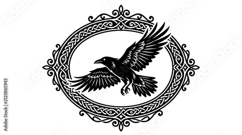 Black bird in circular frame.