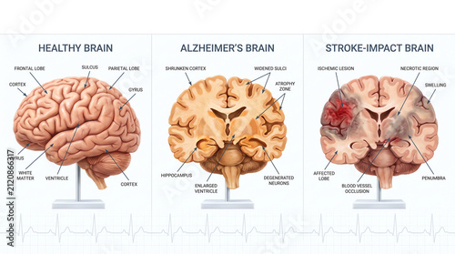 Medical Infographic of Healthy Brain, Alzheimer's Disease, and Stroke Damage — Clinical Cross-Section Comparison