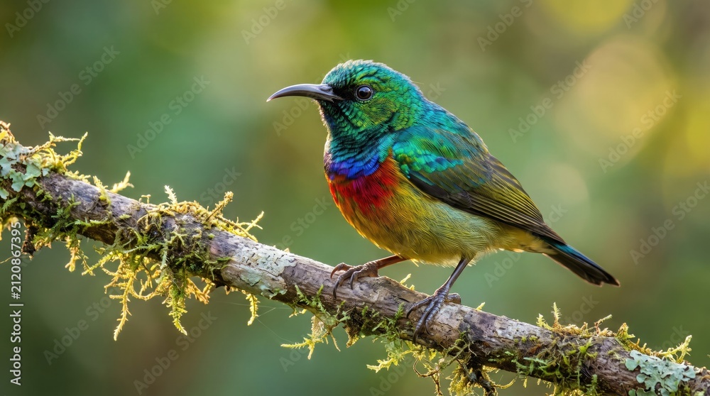 Fototapeta premium Small green and blue tropical songbird perched on twig in jungle environment photo