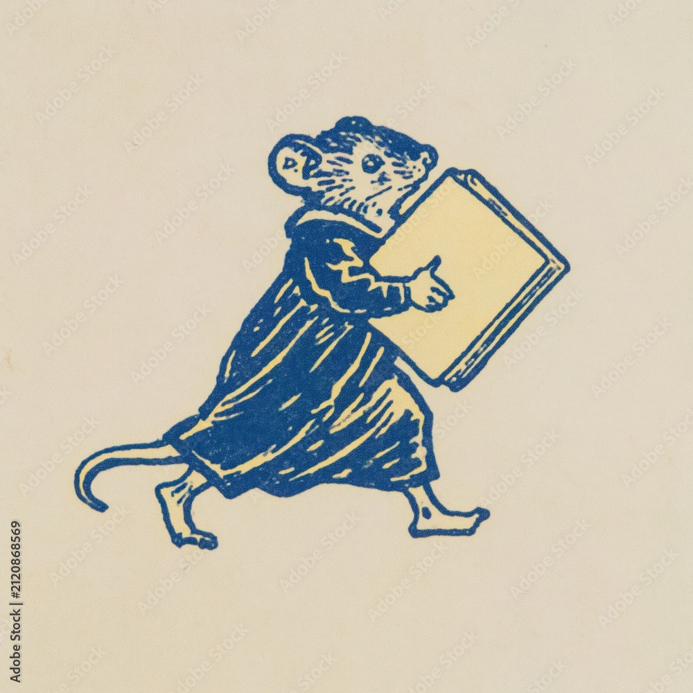 Obraz premium Small mouse librarian carrying a large book. Cute animal illustration for children books.