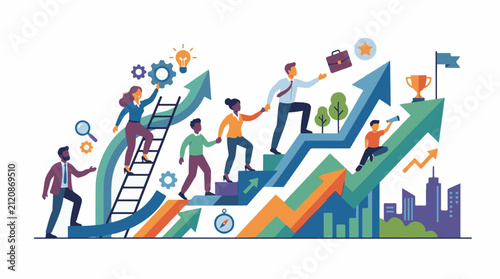 Business people climb upward chart arrows toward success and goals