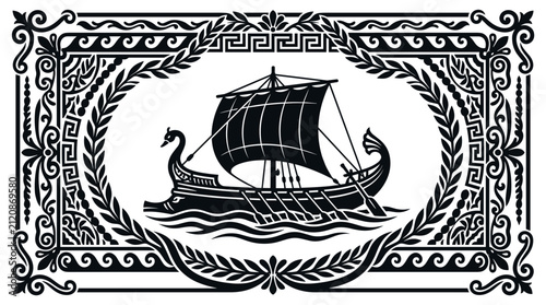 Viking ship sailing on waves.